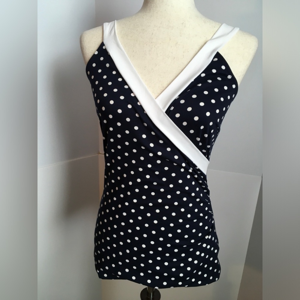 NWOT Venus Women’s Navy Polka Dot Wrap Tank with White Trim